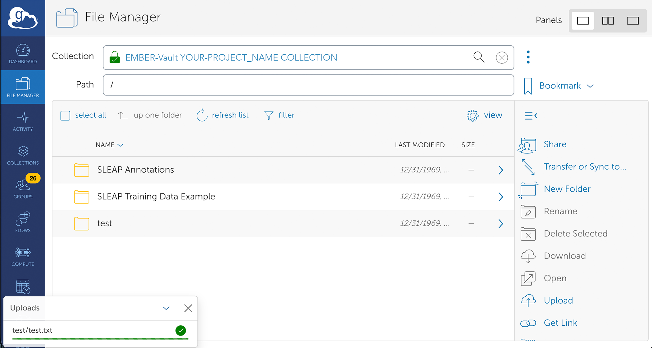 File manager successful upload to EMBER-Vault project collection in Globus web UI