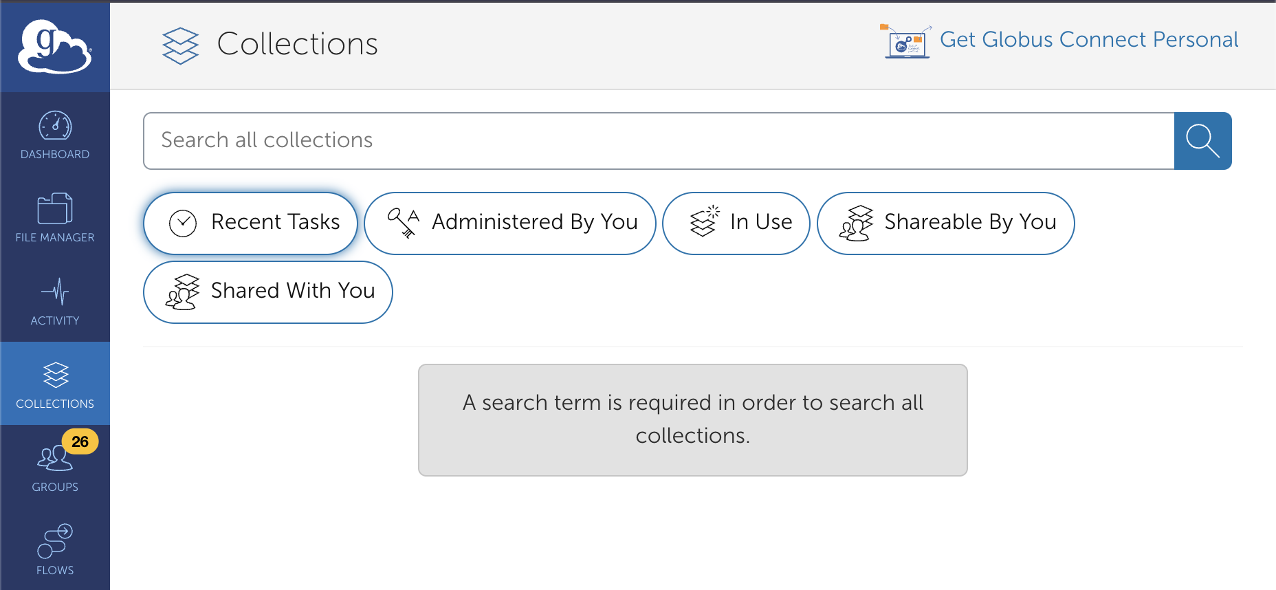 Collections screen in Globus Web UI