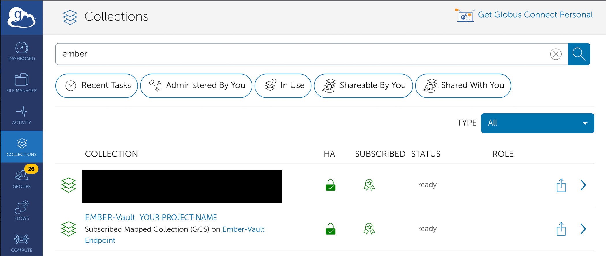 Collections ember search results screen in Globus Web UI