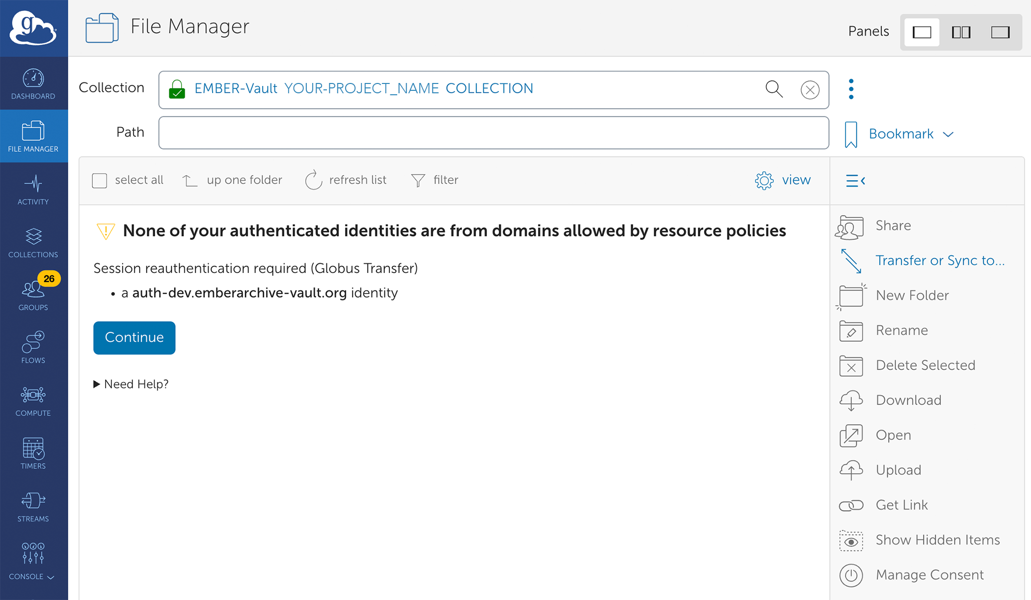 Project collection file manager in Globus Web UI