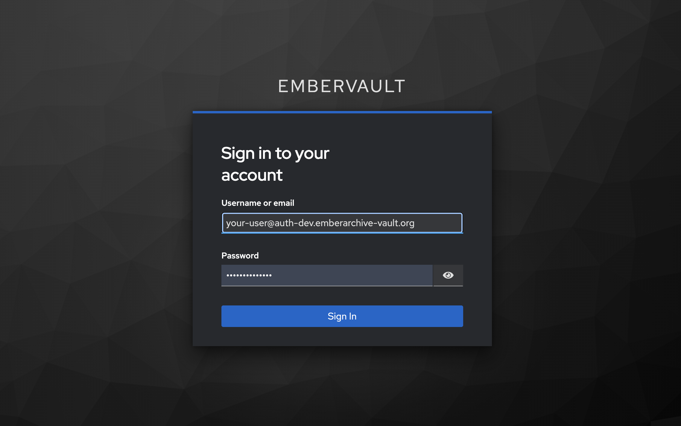 Account login screen in EMBER-Vault Keycloak