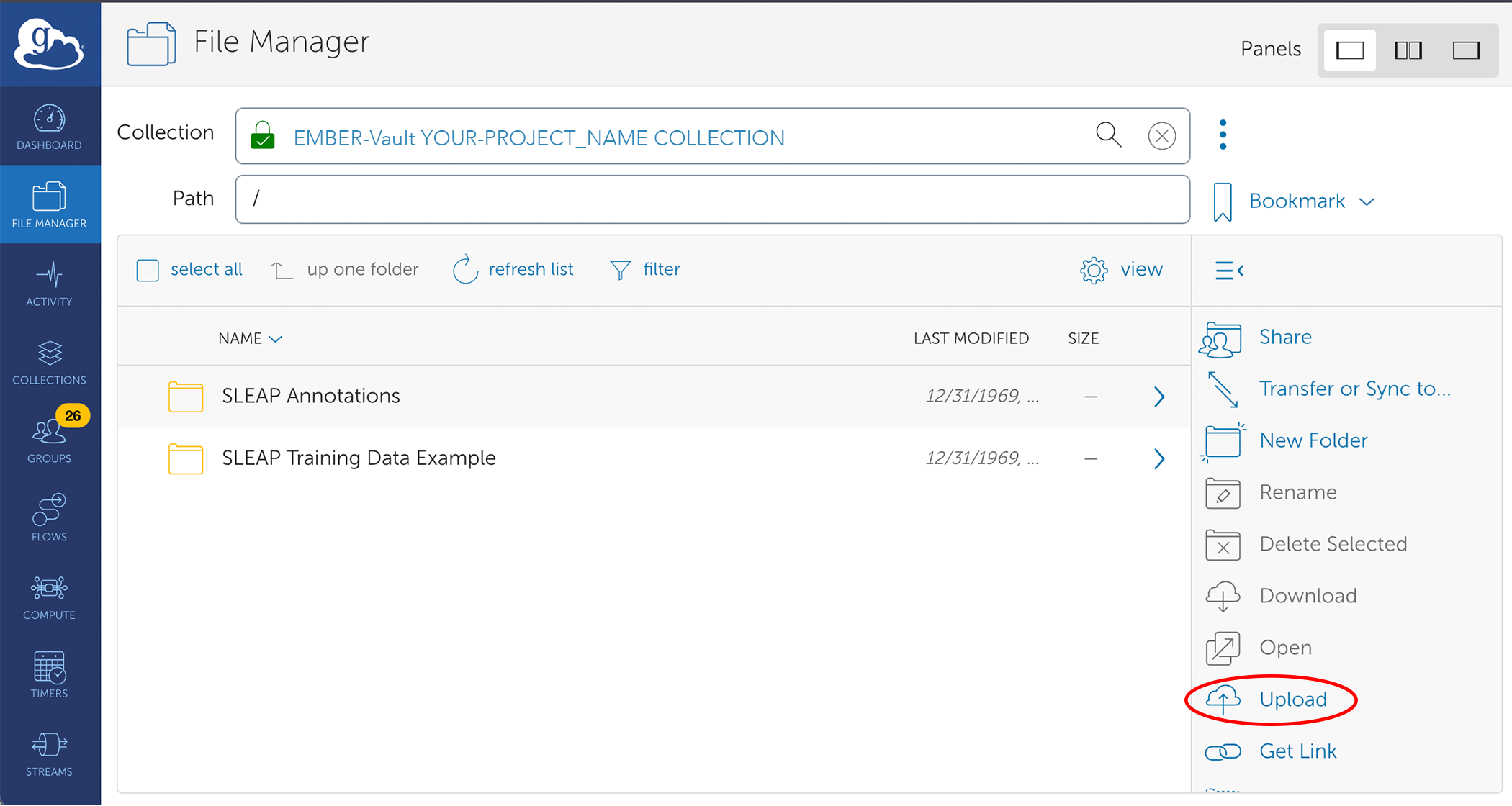 File manager for EMBER-Vault project collection in Globus web UI