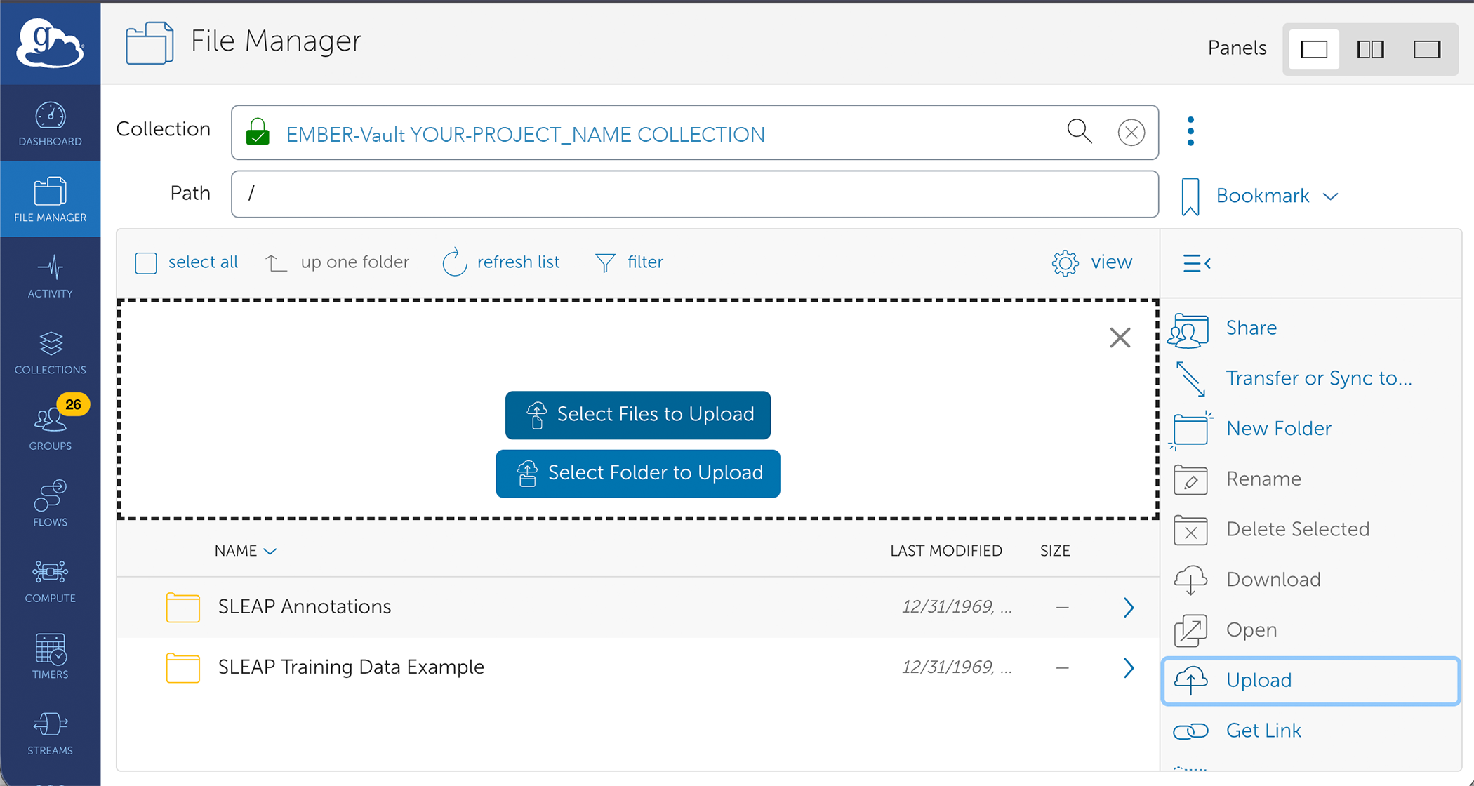 File manager file/folder upload for EMBER-Vault project collection in Globus web UI