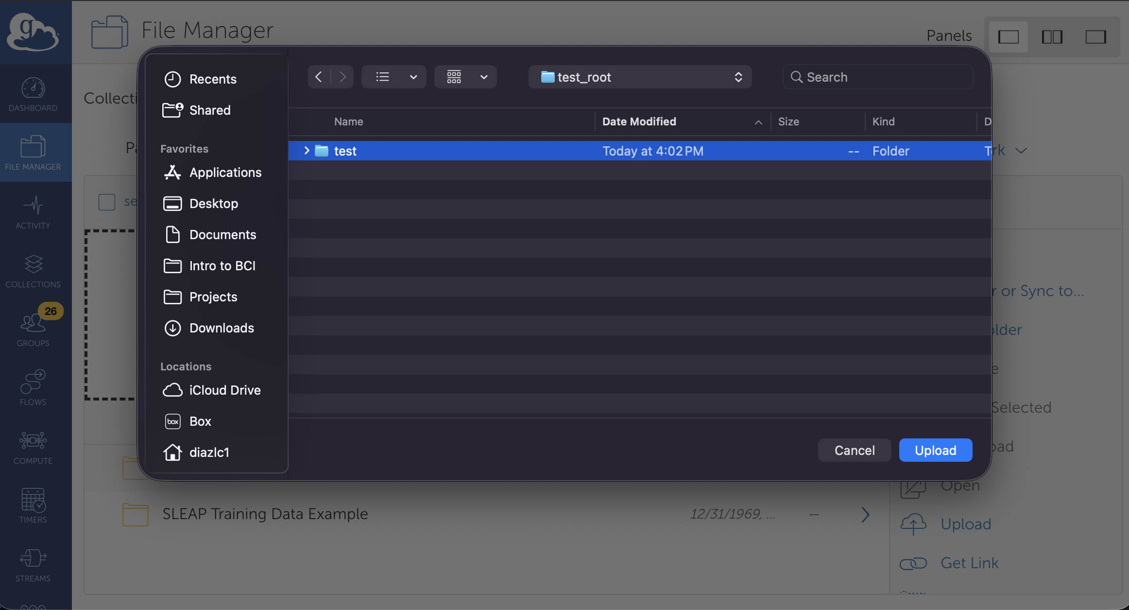 File manager file/folder select for upload to EMBER-Vault project collection in Globus web UI