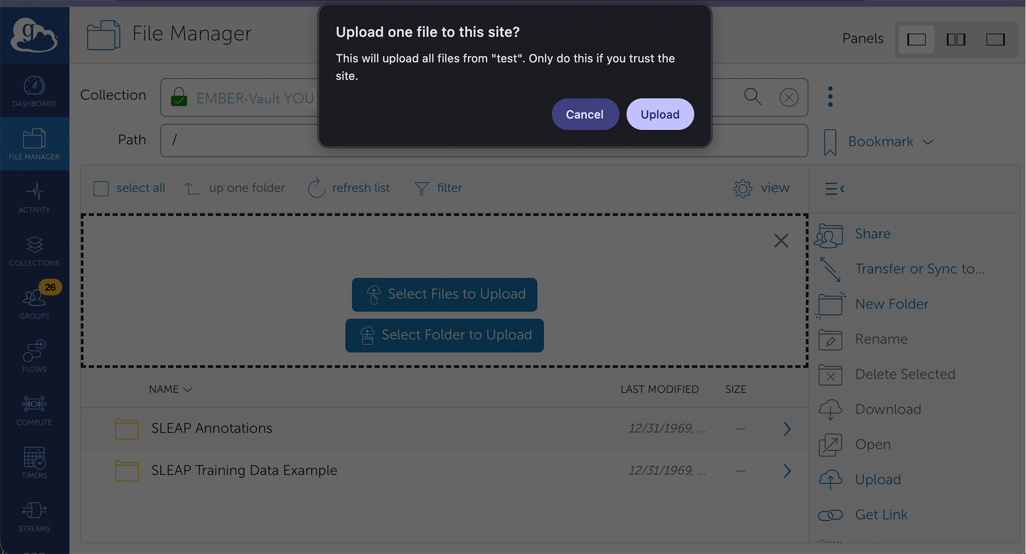 File manager confirm upload to EMBER-Vault project collection in Globus web UI